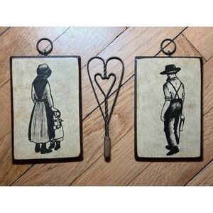 Vintage Folk Art Wall Decor Set, Amish Couple Prints, Country Kitchen Rug Beater